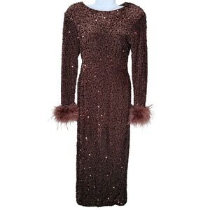 Rosedress Brown Sequin Feather Trim Dress Long Sleeve Evening Gown Glam Size M